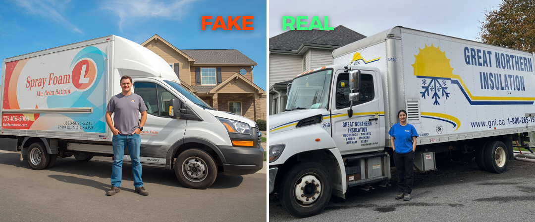 On the left, a fake AI-generated image shows a plainclothes construction employee next to a production truck with illegible text. On the right, a real photo shows a GNI employee, in GNI-branded clothing, standing next to a real GNI-branded production vehicle.
